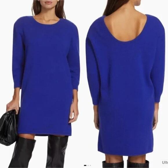 Frame Cashmere Padded Shoulder Mini Dress 3/4 Sleeve Royal Blue Size S NWOT $648 - Picture 2 of 12